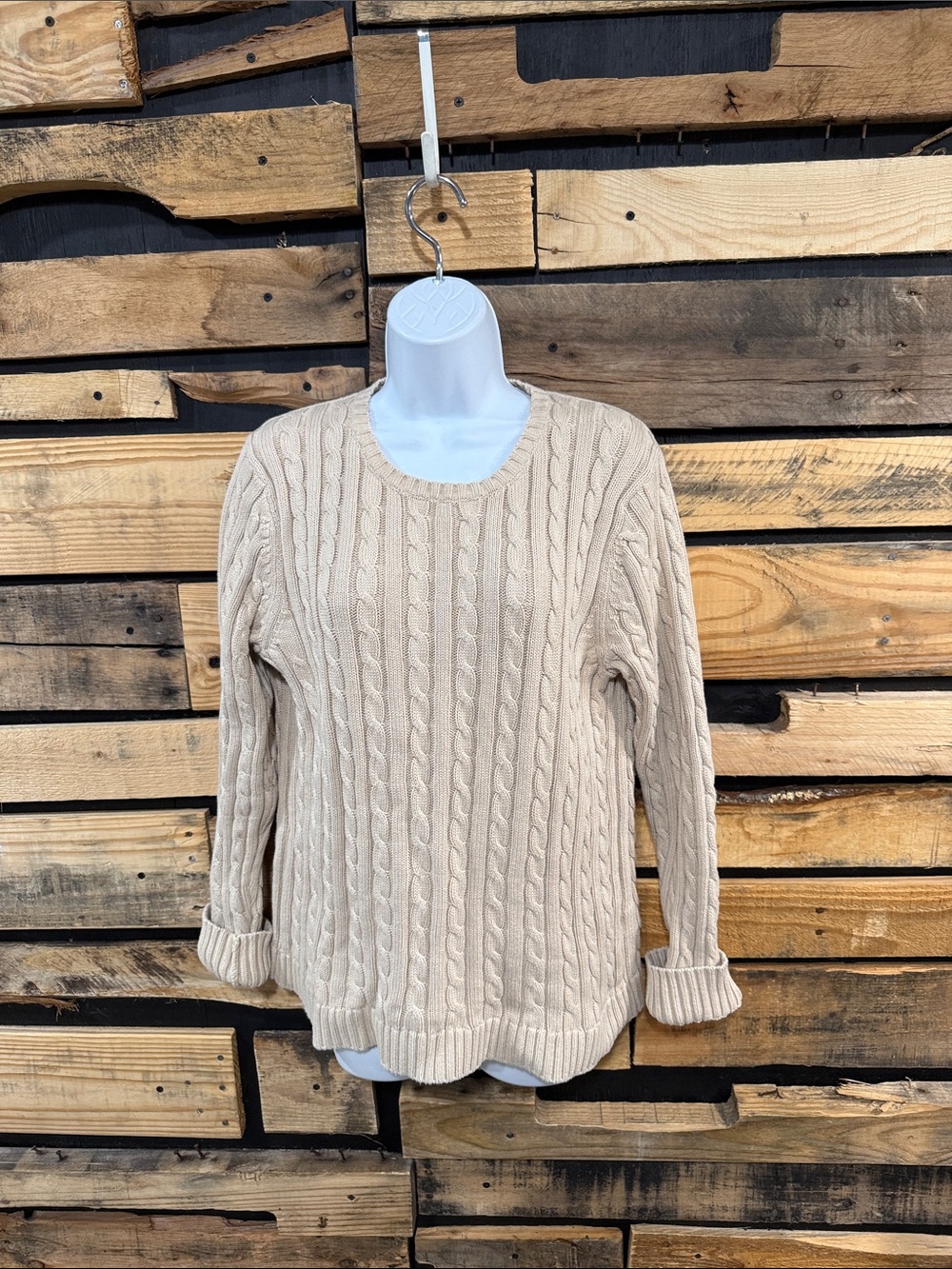L.L. Bean Beige Fisherman Chunky Cable Knit Cotton Sweater Women’s Large